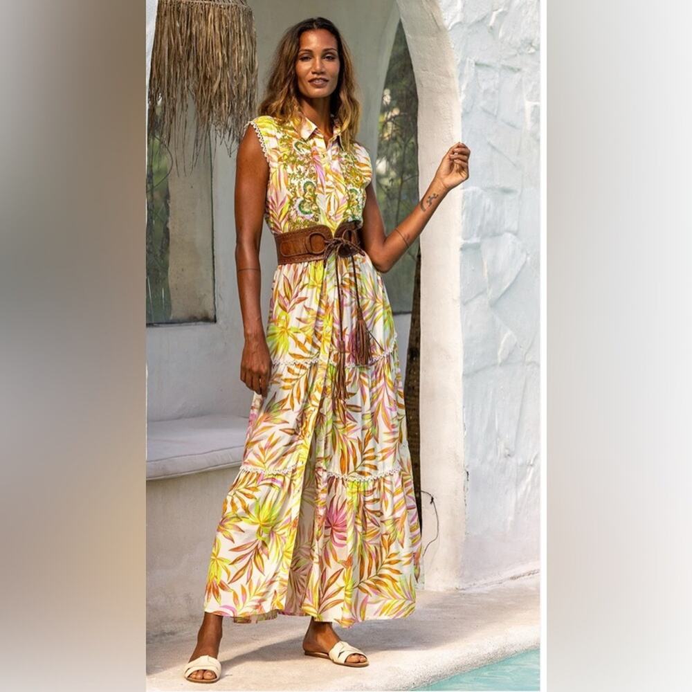 Miss June Beaded/Embroidered Tropical Leaf Print Sleeveless Maxi Dress OS